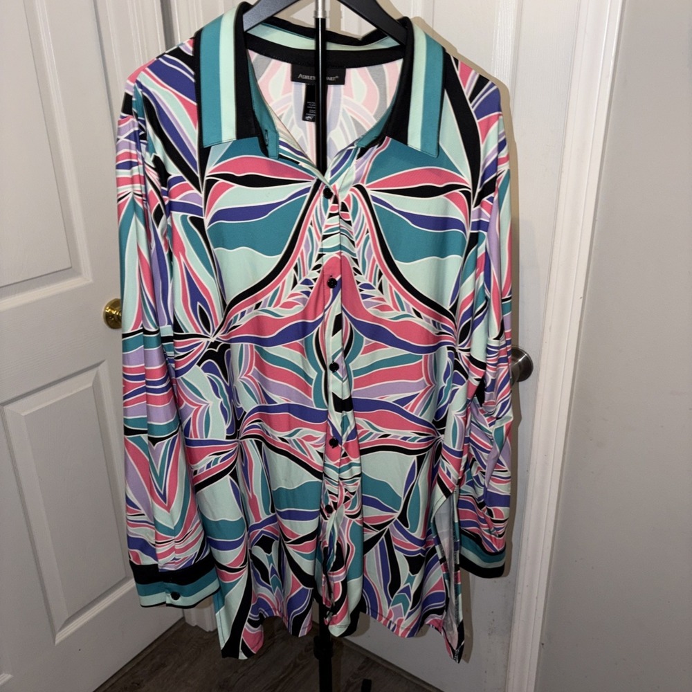 Ashley Stewart Blouse 22/24 Button Down Geometric Maximalist Boho Workwear EUC